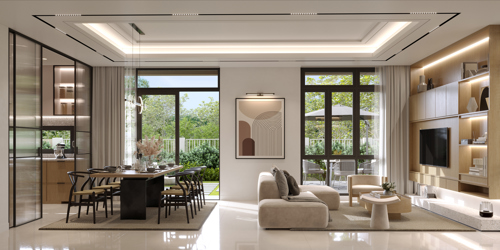 An artist's impression of a living hall with an open-plan design showcases a sense of spaciousness.