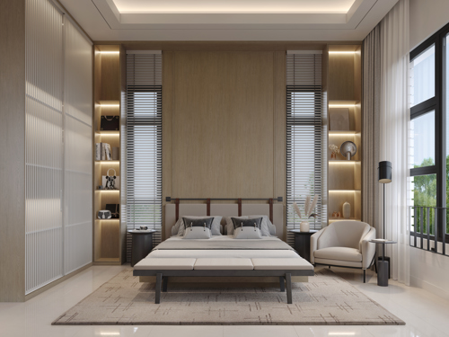 An artist's impression of a bright and breezy master bedroom.