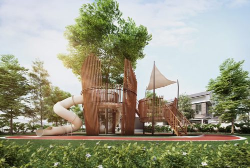 An artist’s impression of a treehouse-style playground, one of Aspira Gardens’ eco-friendly communal facilities for its residents.