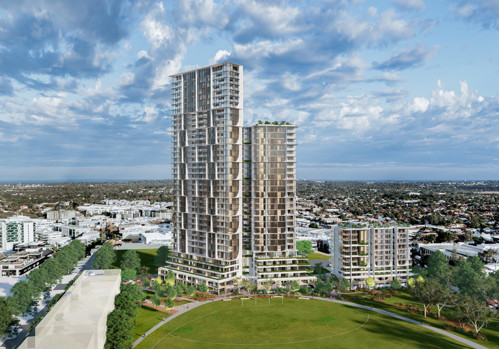 An artist impression of the two landmark apartment buildings at The Oval, Subiaco East.